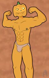 2023 abs artist_name colored digital_drawing_(artwork) digital_media_(artwork) flexing food_head food_humanoid glowing glowing_eyes humanoid jack-o'-lantern jockstrap jockstrap_only male male_only nipples no_visible_genitalia non-human not_furry pumpkin pumpkin_head shaded signature smile solo toony