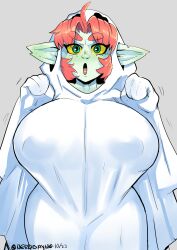 1girls :o absurd_res anart_(cliffpadfoot) female female_only freckles ghost_costume goblin goblin_female green_eyes green_skin grey_background halloween halloween_costume huge_breasts looking_at_viewer nerdbayne nipple_bulge orange_hair pointy_ears solo yellow_sclera