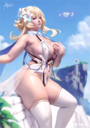 2023 artnip big big_breasts blonde_hair breasts dress genshin_impact lumine_(genshin_impact) thick_ass thick_thighs voluptuous voluptuous_female