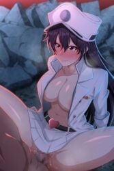 1boy bambietta_basterbine belt biting biting_lip black_belt black_hair bleach bleach:_the_thousand-year_blood_war blue_eyes breasts censored clothed_female_nude_male collared_jacket commentary eruu_(eruuman) female hair_between_eyes hat heart_belt highres jacket large_breasts long_hair looking_at_another male military_hat military_jacket mosaic_censoring navel nude open_clothes open_jacket outdoors peaked_cap pleated_skirt quincy_(bleach) rape rubble sex skirt sternritter straight tearing_up vaginal_penetration white_headwear white_jacket white_skirt