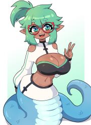 1girls big_breasts commission dark-skinned_female dark_skin female female_only glasses green_eyes green_hair hi_res j5daigada lamia looking_at_viewer pointy_ears round_glasses ruki_(mizar_poppycorn) skirt smiling smiling_at_viewer snake solo tied_hair v_sign