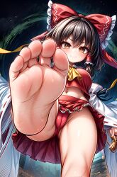 1girls 5_toes ai_generated alternate_breast_size barefoot big_breasts black_hair blush brown_eyes camel_toe cameltoe clothed feet female female_focus female_only foopanthia foot_fetish foot_focus from_below legs long_hair looking_at_viewer looking_down panties red_panties reimu_hakurei smile sole_female soles solo solo_female solo_focus standing stomping sweat sweating teasing thick_thighs thighs toes touhou