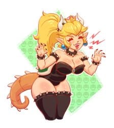 1girls bent_over black_thighhighs blonde_hair blush bowsette bowsette_(cosplay) closed_eyes collar confiserie cosplay crown fangs female female_only hi_res horns leotard long_hair mario_(series) new_super_mario_bros._u_deluxe nintendo pink_lipstick pointy_ears princess_peach smile solo spiked_armlet spiked_collar spiked_legband spiked_tail spiked_wristband super_crown tail thighhighs