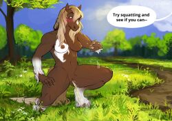 1girls 2023 5_fingers anthro areola artist_name biped blue_eyes blue_sky blush bodily_fluids breasts brown_body brown_fur cloud crouching day dialogue digital_media_(artwork) dirt_path dirt_road english_text equid equine eyebrows eyelashes facial_blush female female_only female_peeing fingers fur genital_fluids genitals grass hi_res hooves horse lameboast mammal navel nipples offscreen_character outdoors outside path peeing peeing_on_ground plant pussy shaded sky small_breasts solo speech_bubble text tree uncensored urine urine_stream yellow_urine