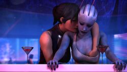 2girls 3d 3d_(artwork) alcohol asari asarimaniac bar femshep grabbing_breast groping_under_clothes liara_t'soni mass_effect public teasing yuri