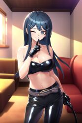 ;) ai_generated bare_shoulders belt bent_over big_breasts black_gloves black_pants blue_hair cleavage clothing_cutout danganronpa danganronpa:_trigger_happy_havoc finger_on_mouth holding_object latex long_hair maizono_sayaka midriff one_eye_closed pants shiny_clothes shushing stable_diffusion strapless tight_pants whip winking