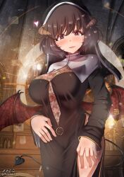 1girls akiyama_yukari aquaegg blush breasts brown_eyes brown_hair cleavage demon_girl demon_horns demon_tail demon_wings dress female girls_und_panzer horns indoors large_breasts looking_at_viewer navel nun open_mouth short_hair smile solo tail wings