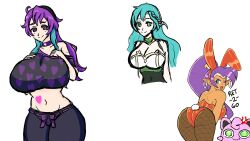 3girls ;d ass back bare_back bent_over blue_eyes blue_hair breasts chloe_(fire_emblem) cleavage collaboration colored_inner_hair crossover dark-skinned_female dark_skin female female_only fire_emblem fire_emblem_engage fishnet fishnet_legwear green_eyes huge_breasts human jigglypuff large_ass large_breasts leotard long_hair looking_at_viewer looking_back multicolored_hair multiple_girls nahusmash nintendo one_eye_closed pants pantyhose pokemon pokemon_(species) ponytail presenting presenting_ass presenting_hindquarters purple_hair shantae shantae_(character) sixtybuzzer smile upper_body very_long_hair wink