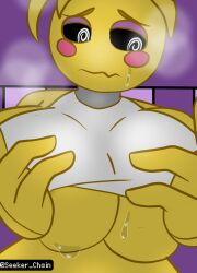 1girls animatronic big_breasts breasts chicken covering_breasts female five_nights_at_freddy's five_nights_at_freddy's_2 robot scottgames seeker_chain solo toy_chica_(fnaf)