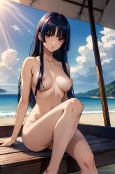 ai_generated beach blue_hair completely_nude dark_blue_hair expressionless female female_only gintama hime_cut imai_nobume long_hair looking_at_viewer medium_breasts nai_diffusion nude outdoors outside pink_eyes public_nudity sitting solo stable_diffusion