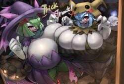 2girls anthro barely_contained barely_contained_breasts blue_hair breasts cleavage ellia_(yboon) female generation_3_pokemon gipehtyboon green_hair halloween hi_res huge_breasts kirlia light_skin massive_breasts nintendo pokémon_(species) pokemon pokemon_(species) shiny_kirlia shiny_pokemon short_hair shortstack white_body yboon