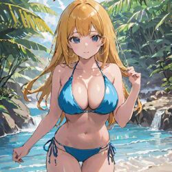 1girls ai_generated blonde_hair blue_bikini blue_eyes cleavage day female female_only girly looking_at_viewer solo stream tagme unknown_character water