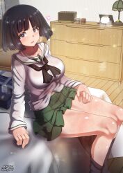 1girls aquaegg bed black_hair blush breasts brown_eyes covered_erect_nipples female girls_und_panzer gotou_moyoko indoors large_breasts looking_at_viewer navel on_bed ooarai_school_uniform open_mouth school_uniform short_hair sitting skirt smile solo