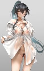 black_hair blush breasts cleavage closed_mouth clothes_lift collarbone collared_shirt covered_nipples cowboy_shot female female_only finger_to_mouth groin high_ponytail highres kantai_collection large_breasts long_hair long_sleeves looking_at_viewer nail_polish navel panties pink_nails pubic_hair pussy_juice see-through see-through_shirt shirt simple_background single_bare_shoulder skirt skirt_lift solo solo_female standing sweat thighs tororo_ten underwear wet wet_clothes wet_shirt white_background white_shirt yahagi_(kantai_collection) yellow_eyes