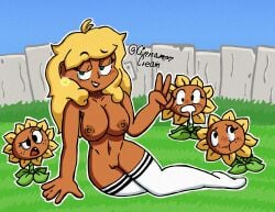 1girls animation_meme_community animator background black_body blonde_hair breasts curly_hair dark_skin earring earrings female female_only girasol_taquera green_eyes marisol_delfin marisol_delfin_(girasol_taquera) oc on_grass original_character plants_vs_zombies short_hair smile socks solo solo_female sunflower_(pvz) tiktoker v white_socks