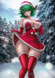 1girls absurdres alternate_breast_size bare_shoulders big_breasts breasts busty child_bearing_hips christmas curvaceous curvy curvy_body curvy_female curvy_figure cute_face dress dress_lift extremely_high_resolution female female_focus female_only forest green_eyes green_hair hand_on_breast hand_on_chest hand_on_own_breast hand_on_own_chest high_resolution highres hips huge_breasts large_breasts large_filesize lexaiduer light_skin light_skinned_female looking_at_viewer one-punch_man outdoors outside panties parted_lips red_clothes red_clothing red_dress red_lips red_lipstick red_thighhighs santa_hat short_hair slim_girl slim_waist smile snow solo solo_female solo_focus standing tatsumaki thick_thighs thighhighs thighs trees underwear very_high_resolution voluptuous voluptuous_female white_panties white_underwear wide_hips winter