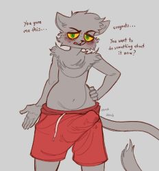 andy_(kaboozey) anthro blush bodily_fluids bottomwear bulge clothed clothing dialogue domestic_cat english_text erection fangs felid feline felis freckles genital_fluids kaboozey looking_at_viewer male mammal open_mouth original original_character precum shorts solo teeth text topless