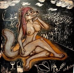 absurd_res anthro breasts canid canine canis domestic_dog futanari handmade herm hi_res intersex mammal nature nature_background okamiarata picnic solo traditional_media_(artwork) xilography