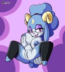 2023 absurd_res anthro ariem big_breasts blue_body bovid breasts caprine detached_hands female fours_(artist) genitals hi_res horn looking_at_viewer mammal purple_eyes purple_mascara pussy sega sheep slightly_chubby solo sonic_(series) sonic_dream_team sonic_the_hedgehog_(series) spread_legs spreading