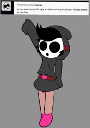 1boy black_hair bottomless bulge clothing full_body gay grey_background hoodie male male_only mario_(series) mark_m mask panties pink_panties shy_guy simple_background solo standing tagme underwear