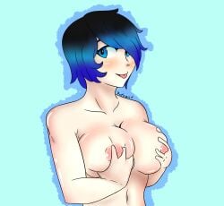 1girls black_hair blue_eyes blue_hair breast_grab breast_squeeze el_diario_de_jonathan female grabbing_own_breast nude nude_female petoart selene_(eddj) short_hair solo solo_female squeezing_own_breasts two_tone_hair