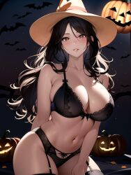 1girls ai_generated ai_mirror bat belly_button bitting_lip black_bra black_hair black_panties black_underwear blush brown_eyes jack-o'-lantern long_hair looking_at_viewer medium_breasts pumpkin thick_thighs white_skin witch witch_hat