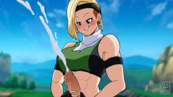 acelewdarts alternate_version_available breasts crossover cum dragon_ball_super dragon_ball_z earrings handjob headband large_breasts looking_at_another marron mortal_kombat partial_male sonya_blade sonya_blade_(cosplay)