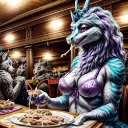 ai_generated anthro cum_on_food dragon eating_cum eating_food food furred_dragon public purple_lingerie sisu_(ratld)