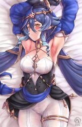 1girls arms_raised bangs blue_hair blue_sleeves blush cleavage dime-san drill_hair female female_focus genshin_impact head_ornament hips jewelry layla_(genshin_impact) long_hair looking_at_viewer lying_on_bed medium_breasts multicolored_clothing skin_tight_outfit very_long_hair yellow_eyes