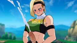 acelewdarts alternate_version_available breasts crossover cum dragon_ball_super dragon_ball_z earrings english_text handjob headband large_breasts looking_at_another marron mortal_kombat partial_male sonya_blade sonya_blade_(cosplay)