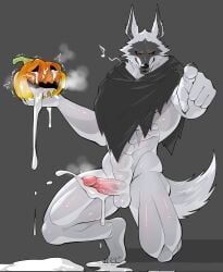 2023 abs after_masturbation anthro balls barefoot big_muscles big_penis blush bodily_fluids bottomless bottomless_anthro bottomless_male canid canine canis claws cloak clothed clothing cum cum_drip cum_in_pumpkin cum_on_ground cumshot death_(puss_in_boots) dreamworks dripping ejaculation erection feet food food_fetish fruit fur furtissier genital_fluids genitals gesture grey_background halloween hi_res holding_object holding_pumpkin holidays humanoid_genitalia humanoid_penis jack-n'-lantern jack-o'-lantern kneeling looking_at_viewer looking_pleasured male male_only mammal muscular muscular_anthro muscular_male musical_note narrowed_eyes on_one_knee penis plant plantigrade pointing pointing_at_viewer poncho pumpkin pumpkin_masturbation puss_in_boots_(dreamworks) puss_in_boots_the_last_wish serratus simple_background smile solo tuft wolf