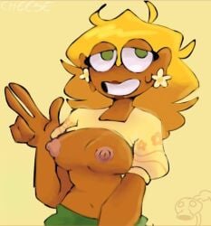 1girls animation_meme_community animator anthro anthrofied background black_body blonde_hair breasts curly_hair dark_skin earrings female female_only flora_fauna girasol_taquera green_eyes marisol_delfin marisol_delfin_(girasol_taquera) oc original_character peashooter_(pvz) plant plant_girl plant_humanoid plants_vs_zombies short_hair simple_background smile solo solo_female sunflower_(pvz) tiktoker v