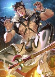 1boy abs bara black_hair bulge chiizu_namasu claw_pose crescent_moon cross-laced_underwear diarmuid_ua_duibhne_(saber)_(fate) fate/grand_order fate_(series) feet fence foreshortening hair_between_eyes halloween halloween_costume hands_up highres jack-o'-lantern large_pectorals looking_at_viewer male_focus mature_male mole mole_under_eye moon muscular muscular_male navel night night_sky nipples o-ring o-ring_top pectorals penis penis_peek pumpkin seductive_smile short_hair shrug_(clothing) sky smile solo sparkle_background spread_legs stomach thick_eyebrows thick_navel_hair thick_thighs thighs underpec yellow_eyes