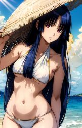 ai_generated beach bikini blue_hair dark_blue_hair expressionless female female_only gintama hime_cut imai_nobume long_hair looking_at_viewer medium_breasts nai_diffusion outdoors outside pink_eyes red_eyes solo stable_diffusion straw_hat sun_hat swimsuit underboob white_bikini wide_hips