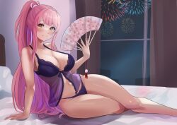 1girls babydoll bed bedroom big_breasts blush cleavage estebaneishon1 female_only fireworks hand_fan highres holding_object light-skinned_female light_skin long_hair looking_at_viewer lying_on_bed morino_merun pillow pink_hair ponytail smiling_at_viewer thong virtual_youtuber window yellow_eyes