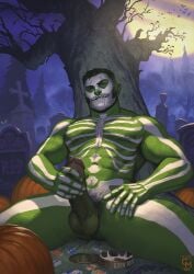 1boy abs balls beard biceps black_hair black_pubic_hair blue_eyes bodypaint candy celery_man6 chest forest gay gravestone graveyard green_skin hairy hairy_arms hairy_chest hairy_legs hairy_male halloween halloween_costume looking_at_viewer male male/male male_only muscle muscles muscular muscular_arms muscular_ass muscular_back muscular_legs muscular_male muscular_thighs naked naked_male nipples nude nude_male orc orc_male original_character outdoor outdoor_nudity outdoors outside pecs pectorals penis pubic_hair pumpkin skeleton tattoo tattoo_on_arm tattooed_arm triceps