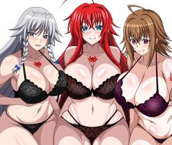 3girls ahoge arm_tattoo big_breasts black_bra black_panties blue_bow blue_eyes blush bow bra braid breasts brown_hair chest_tattoo cleavage crossed_bangs curvy female_focus frilled_bra frills grayfia_lucifuge grey_eyes grey_hair hair_between_eyes hairbow high_school_dxd huge_breasts lingerie long_hair looking_at_viewer matching_hair/eyes mature_female milf mother_and_daughter multi-strapped_panties multiple_girls navel panties parted_lips purple_bra purple_eyes purple_panties red_hair rias_gremory skindentation smile stomach tattoo thick_thighs thighs twin_braids underwear underwear_only venelana_gremory wide_hips yxyyxy