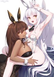 2girls :d aeon_ion animal_ears arm_up ascot black_ascot black_nails blanc_(nikke) blunt_bangs breasts brown_eyes brown_hair brown_pantyhose dark-skinned_female dark_skin detached_collar fake_animal_ears fake_tail fishnet_pantyhose fishnets goddess_of_victory:_nikke hand_on_another's_head highleg highleg_leotard huge_breasts leotard light_blush long_hair medium_breasts multiple_girls nail_polish noir_(nikke) oerba_yun_fang open_mouth pantyhose playboy_bunny rabbit_ears rabbit_tail skin_fang smile strapless strapless_leotard tail v very_long_hair white_hair white_leotard white_nails wrist_cuffs yellow_eyes