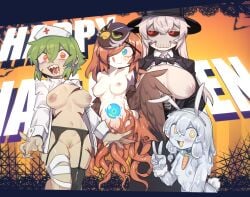 4girls :3 :q blue_eyes blush bowtie breasts breasts_out bunny_costume bunny_ears costume demon_eye_(terraria) fake_animal_ears female female_only garter_belt garter_straps green_hair hair_over_one_eye halloween mask monster_girl multiple_girls naked nude nurse nurse_cap nurse_outfit nyong_nyong orange_eyes owl peace_sign pubic_hair pussy red_eyes red_hair sharp_teeth skeleton skindentation slime slime_(terraria) slime_girl small_breasts suit tendrils tentacle terraria text thighhighs top_hat v v_sign white_hair yellow_eyes zombie zombie_girl