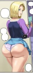 1girls android_18 ass big_ass big_butt blonde_hair blue_eyes bottom_heavy breasts bubble_ass bubble_butt cellphone clothes_lift dat_ass dragon_ball dragon_ball_super english_text female from_behind holding_object huge_ass huge_breasts incoming_call looking_at_viewer looking_back mature mature_female milf miniskirt panties phone phone_call pinkpawg purple_panties shirt short_hair skimpy skimpy_clothes skirt skirt_lift smartphone solo standing thick_ass thick_thighs thighs underwear voluptuous wedgie wide_hips