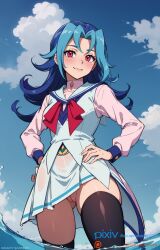 blue_hair blush female h1dan hi_res kamishiro_rio legwear looking_at_viewer no_panties no_underwear red_eyes rio_kamishiro school_uniform skirt smile solo uncensored vagina yu-gi-oh! yu-gi-oh!_zexal