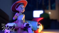 1boy 1girls 3d 3d_animation anal anal_penetration anal_sex animated athletic_female blurry_background bouncing_breasts clenched_teeth clothing covering_mouth covering_own_mouth cowgirl_(western) cowgirl_hat depth_of_field disney female green_eyes hairless_pussy hat human jessie_(toy_story) light-skinned_female light-skinned_male light_skin looking_back looking_back_at_another looking_up loop looping_animation male manwiththemole partially_clothed penis_in_ass pixar pussy red_hair reverse_cowgirl_position sex sound straight toy_story toy_story_2 toy_story_3 toy_story_4 vagina video waist_grab