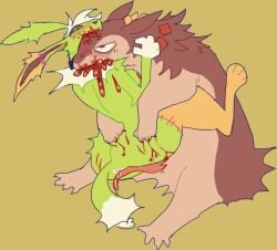 anthro bite blood bodily_fluids dijon_(guncht) duo generation_2_pokemon genital_fluids gore guncht male nintendo pokemon pokemon_(species) precum seam_(sewing) shiny_pokemon shoulder_bite typhlosion undead zombie