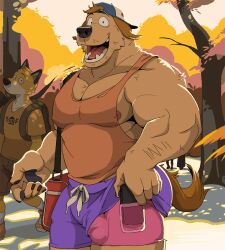 anthro backwards_baseball_cap bottomwear bulge canid canine canis clothing domestic_dog fox gh0stfood hat headgear headwear looking_at_viewer male mammal outside shorts