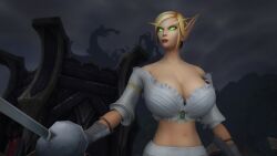 blood_elf blood_elf_female cleavage clothed kaelatheelf kaelscorner large_breasts midriff sword warcraft world_of_warcraft zoomed_view