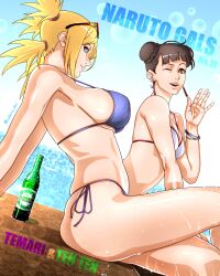 2girls adapted_costume artist_name ass beach big_ass big_breasts bikini bikini_bottom bikini_top blunt_bangs boruto:_naruto_next_generations bottle bracelet brown_eyes brown_hair character_name cleavage commentary crossed_legs double_bun drink earrings female female_only huge_breasts jewelry large_breasts light-skinned_female light_skin looking_at_viewer looking_to_the_side mature mature_female mature_woman midriff milf multiple_girls naruto naruto_(series) one_eye_closed oppai outdoors parted_bangs pink_lips ponytail quad_tails saburo_des sand seaside side-tie_bikini side-tie_bikini_bottom side_view sideboob sitting soda soda_bottle summer sunglasses sunglasses_on_head swimsuit take_your_pick teal_eyes temari tenten twin_buns url voluptuous watermark waving waving_at_viewer waving_hand web_address wet wet_body wet_skin wink yellow_hair