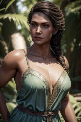 1girls ai_generated assassin's_creed_(series) assassin's_creed_odyssey breasts brown_eyes brown_hair dress female greek greek_clothes kassandra