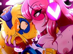 2girls areolae breasts g-lo_(villainous) kissing miss_heed_(villainous) multiple_girls nipples pink_body superheroine tagme the-butch-x villainous yellow_body yuri