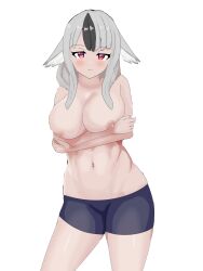 1girls animal_ears arms_under_breasts bangs bare_thighs breasts crossed_arms female female_only fire_emblem fire_emblem_fates grey_hair large_breasts long_hair looking_at_viewer nintendo red_eyes shorts solo soulx720 thighs topless velouria_(fire_emblem) white_background wolf_girl