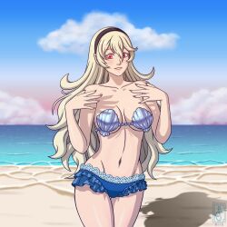 1girls 4thanysc alternate_costume bare_legs beach bikini blue_bikini blue_sky blue_swimsuit cleavage corrin_(fire_emblem) corrin_(fire_emblem)_(female) female female_only fire_emblem fire_emblem_fates grey_hair nintendo ocean outdoors sand shell_bikini sokloeum solo swimsuit